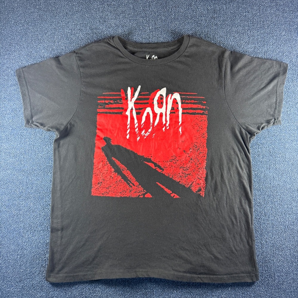 Korn Band T-Shirt Mens XL 28" Length Black Red Shadow Logo Nu-Metal Tee